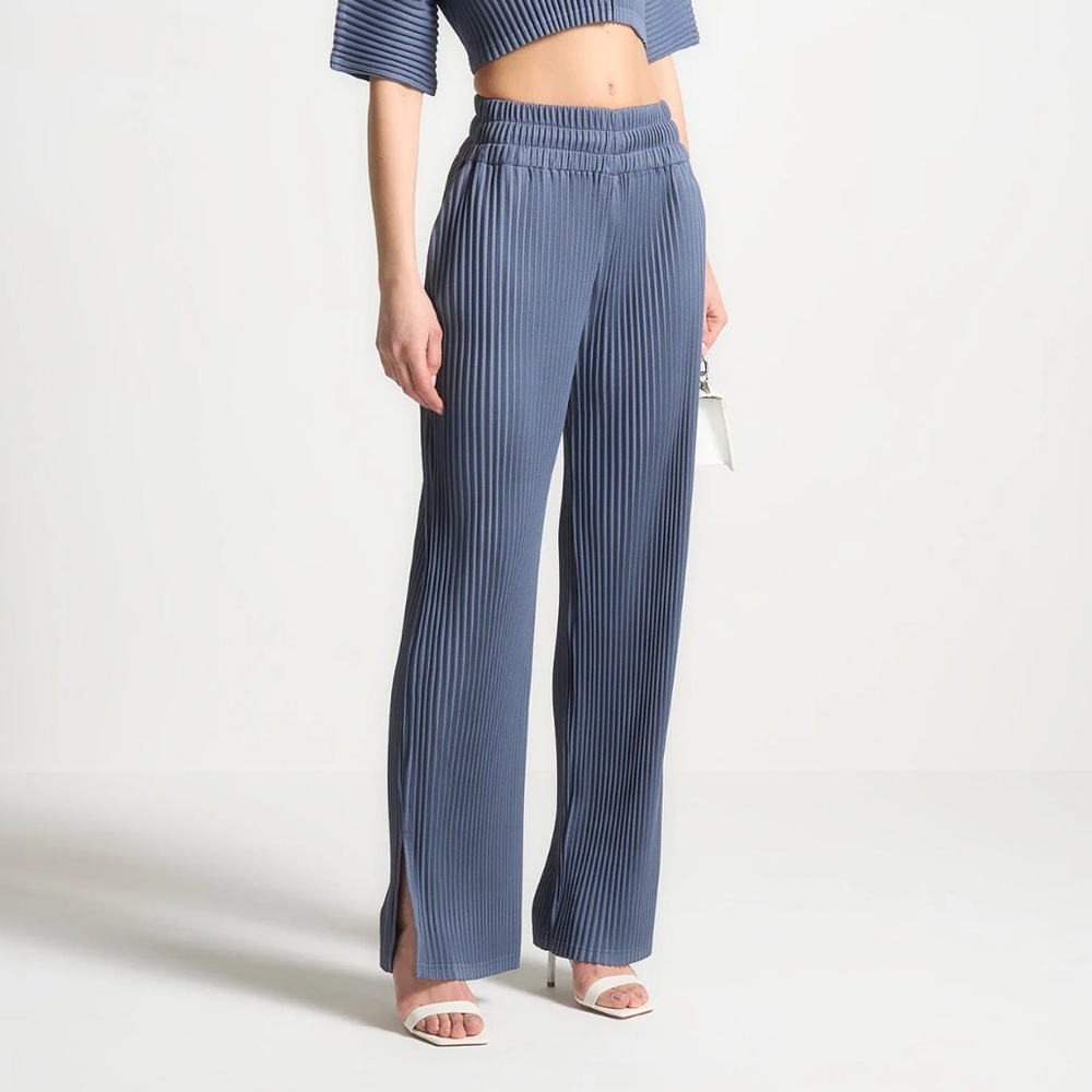 NWT Maniere De Voir Pleated Wide Leg Relaxed Fit Trousers Steel Blue Tall Inseam